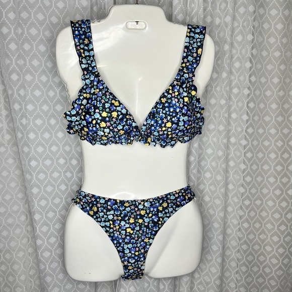 Floral Multi Color Ruffle Bikini Set Tie Back Two Piece Swimsuit L‎ - Picture 1 of 3